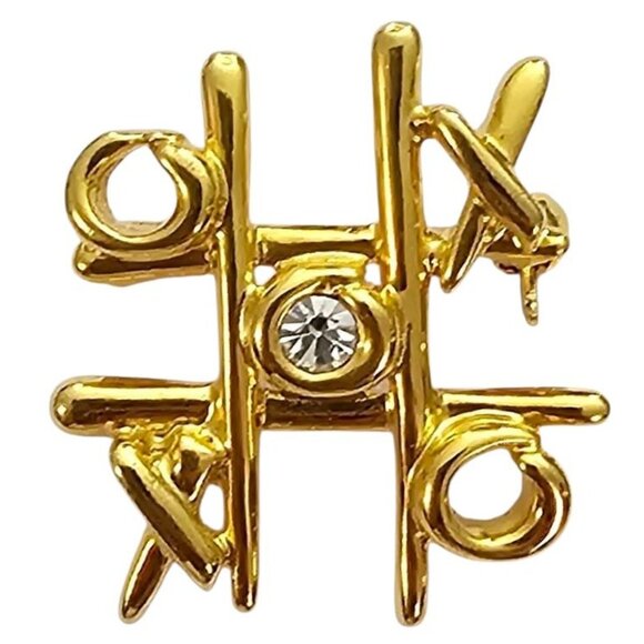 Anne Klein Gold Tone X's & O's Tic Tac Toe Brooch Clear Rhinestone Pin, Signed - Picture 1 of 8